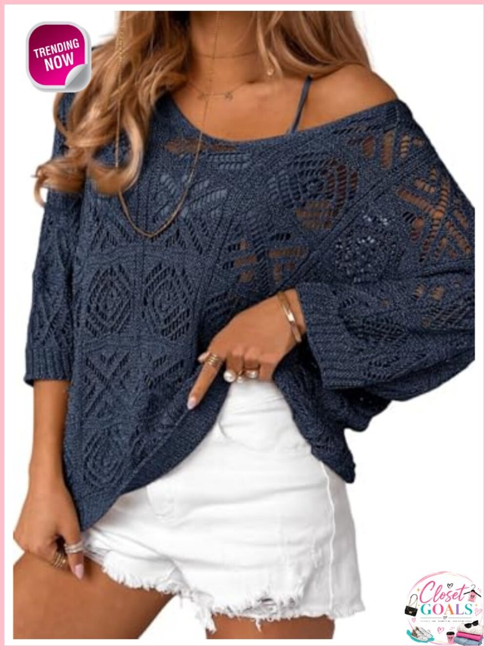 Crochet Hollow Out 3/4 Sleeve Off Shoulder Pullover Sweater